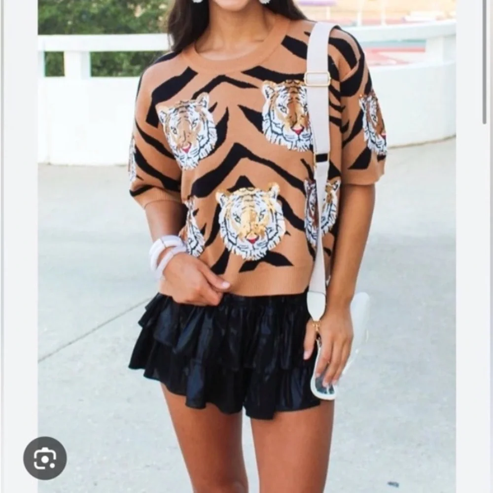 QUEEN OF SPARKLES Tiger Print Blouse in Black and Tan - Picture 4 of 5